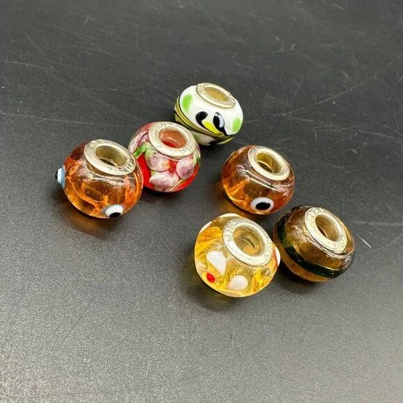 Glass Beads Sterling Silver 925 Colorful Charms For Bracelet Necklace Lot Of 6 - Picture 1 of 7
